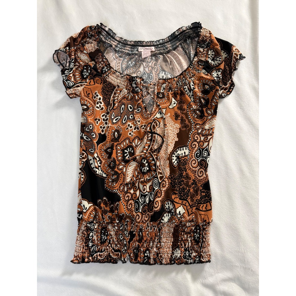 Six Degrees of Separation Paisley Smocked Peasant Top Orange Black Small
